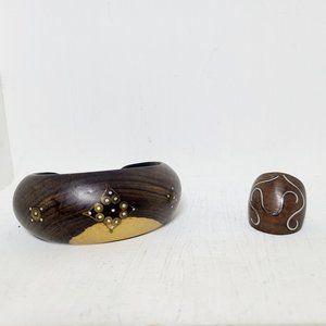 Vintage Two Tone Wood Bangle & Ring With Silver Swirl Cocktail Mod Chunky BOHO